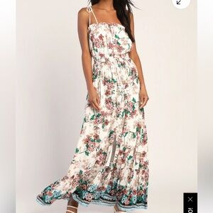 Lulu's Always Excelling ivory floral strapless maxi boho dress